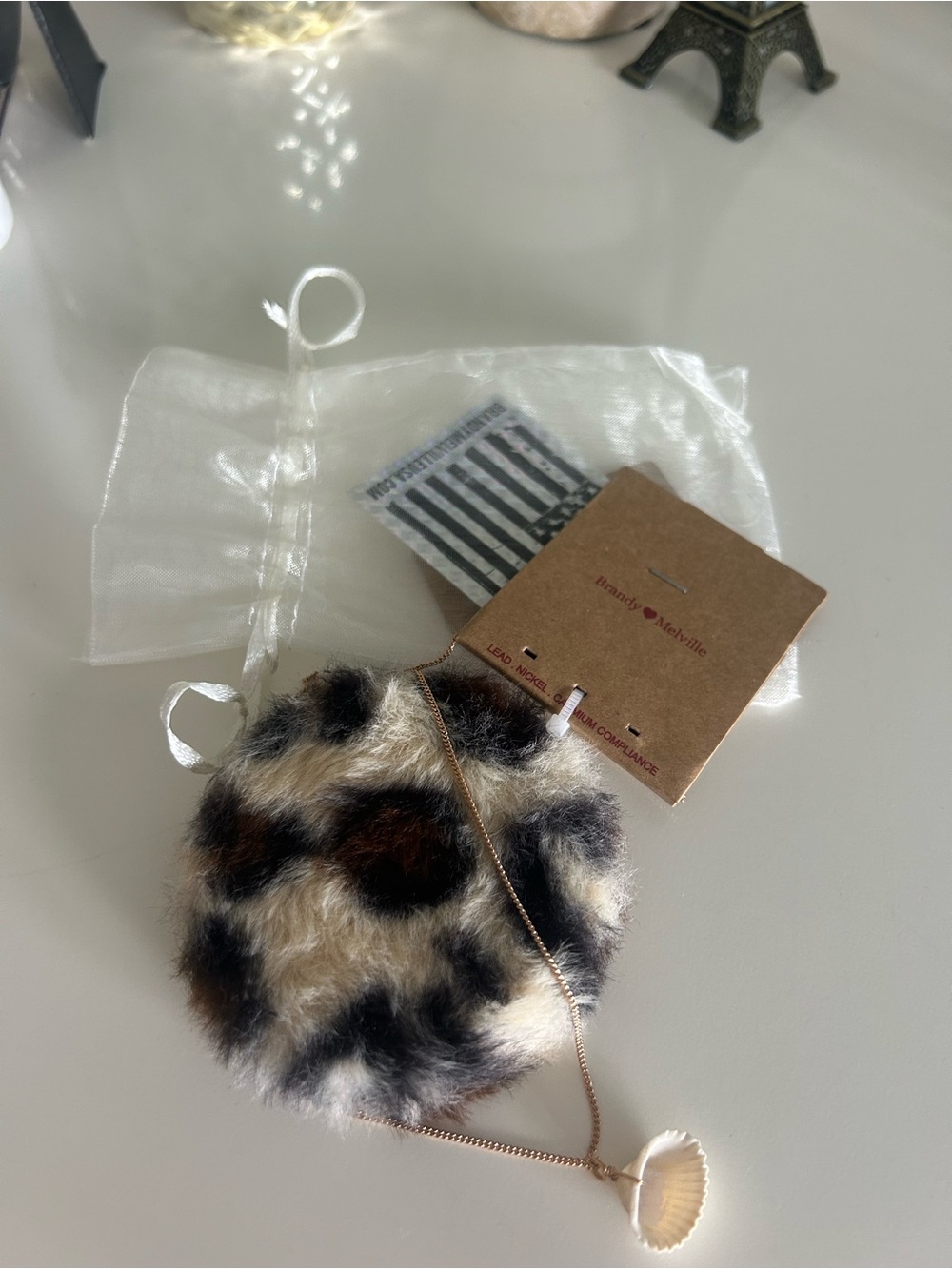Brandy Melville Leopard Faux-Fur Compact with Shell Necklace
